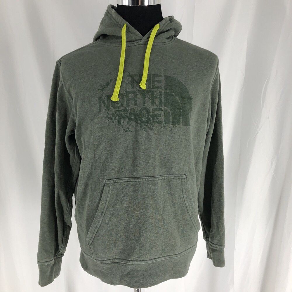 The North Face Logo Graphic Print Fleece Pullover Hoodie Green Cotton Blend M